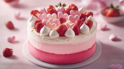 Strawberry cake with meringue hearts and floral decoration in soft pastel colors ideal for romantic celebrations or special occasions
