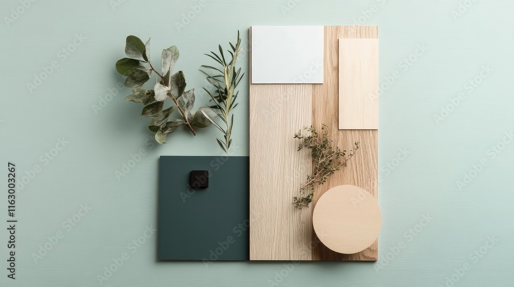 Aufkleber modern mood board display with natural elements and soft color palette for design inspiration