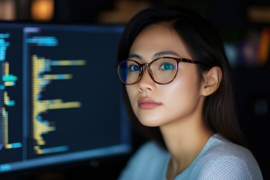A woman wearing glasses is looking at a computer screen with a lot of code on it. She is focused and determined, possibly working on a project or trying to understand the code