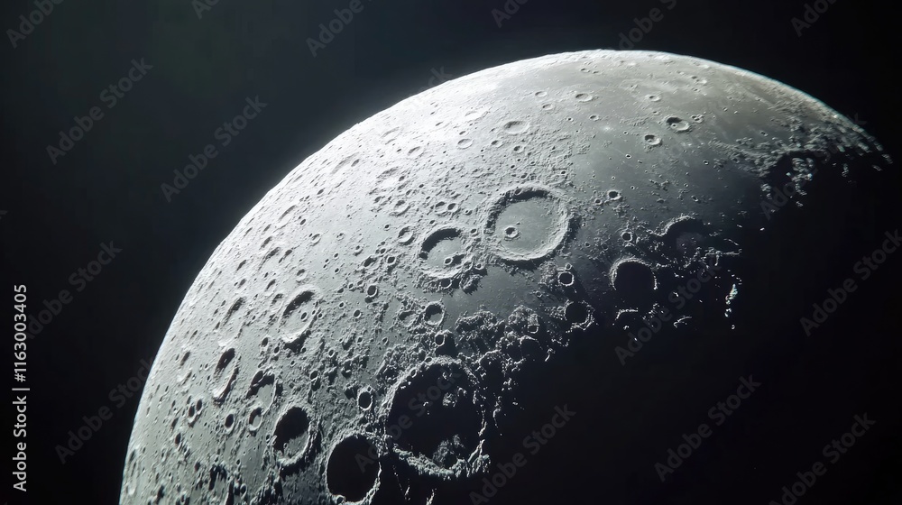 Poster macro view of crescent and full moon showing detailed surface features against a black background fo