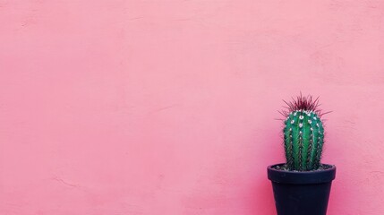 Minimalist black cactus in clay pot against soft pink background showcasing contemporary home garden style with ample copyspace for design