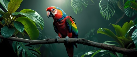 A close up of a colorful parrot perched on a branch surrounded by lush foliage © RobinsonIcious