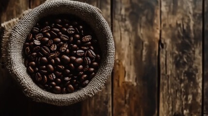 Top view of coffee beans in burlap on wooden table showcasing premium quality for sales promotions and special offers