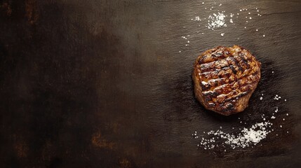 Fototapeta premium Close up aerial view of a perfectly grilled steak with salt on a dark slate board creating a gourmet culinary presentation