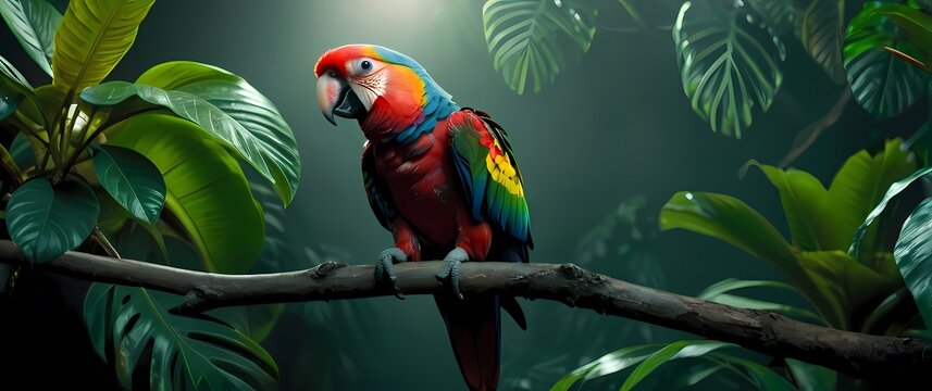 A close up of a colorful parrot perched on a branch surrounded by lush foliage
