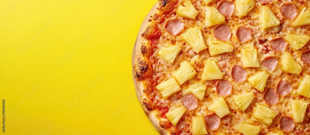 Poster hawaiian pizza featuring pineapple and ham on vibrant yellow background with ample space for text an