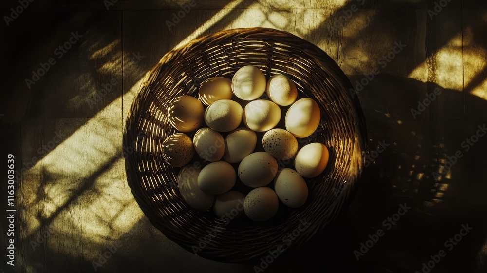 Poster basket of eggs illuminated from below creating dramatic shadows and textures in a captivating top vi