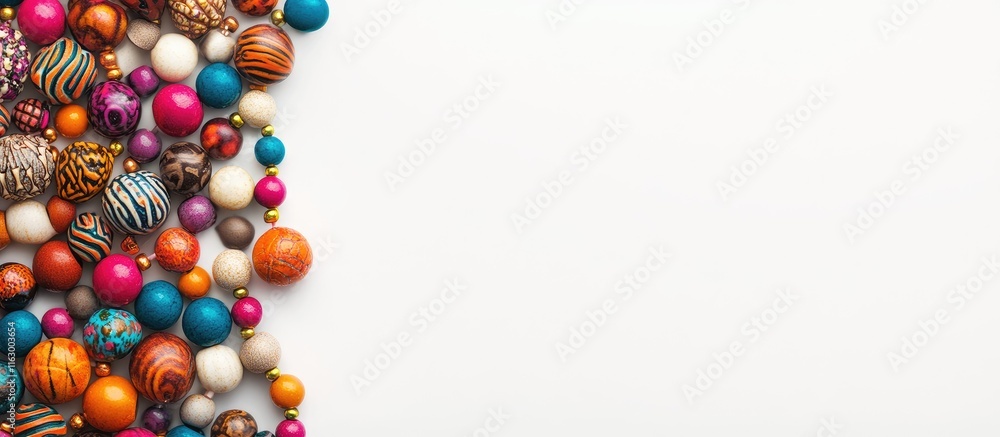 Poster colorful assortment of exotic beads arranged on a white background creating a vibrant space for text