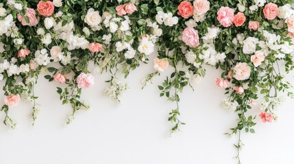 Boho style floral garland with pink and white flowers creating a serene backdrop for decor with ample negative space for design versatility