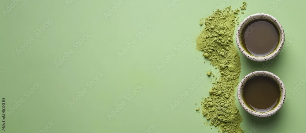 Poster top view of matcha powder in a white cup with cacao sauce on a green background showcasing empty spa