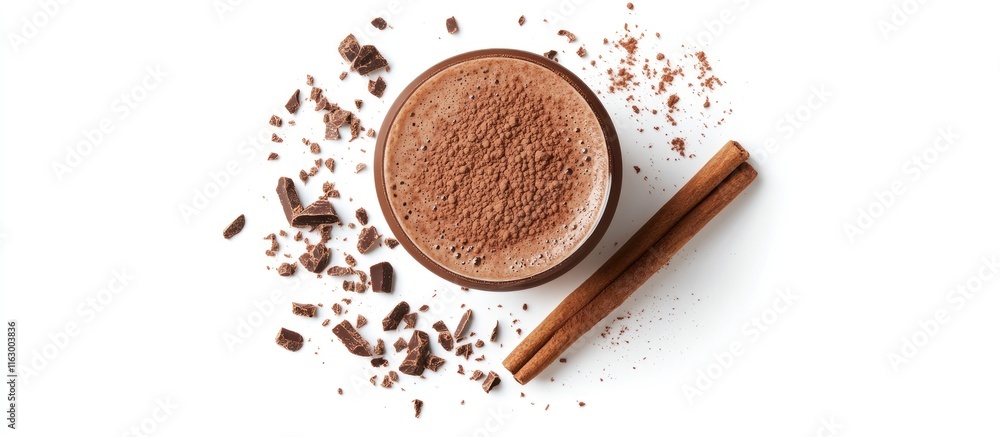 Poster hot chocolate in a bowl with cocoa powder and cinnamon stick arranged on a white background creating