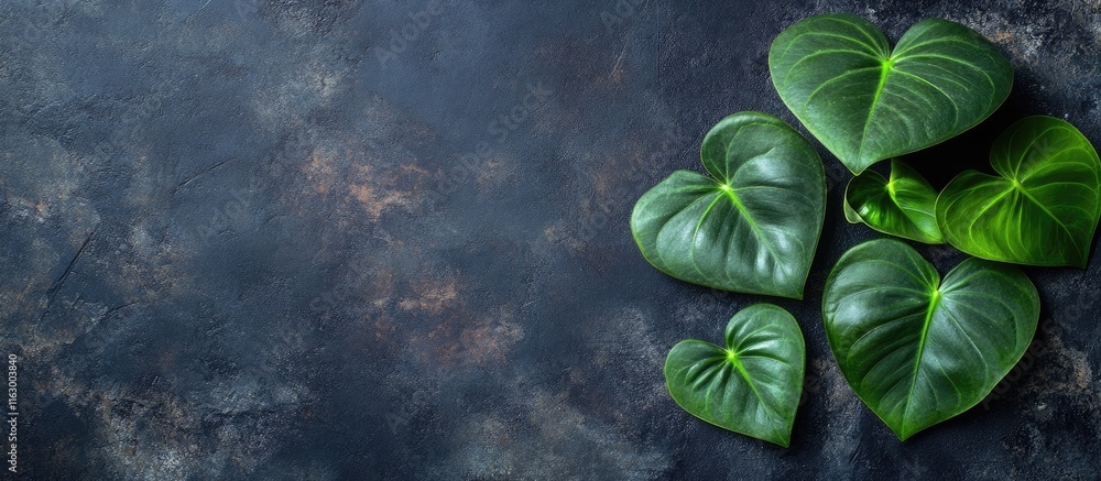 Poster heart shaped monstera leaves arranged on a dark textured background with ample space for text and de