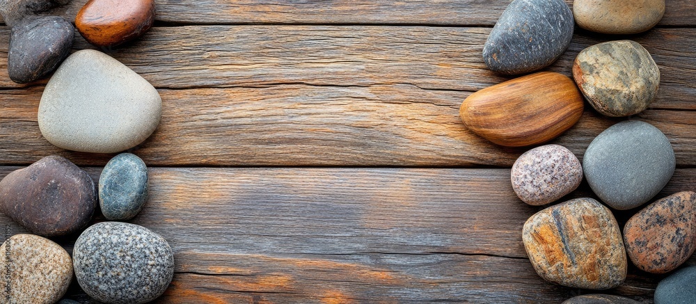 Aufkleber natural pebble stones framing a wooden background creating a minimalist aesthetic with space for tex