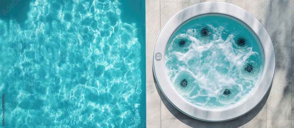 Poster top view of relaxing jacuzzi pool with hydromassage jets and crystal clear water inviting tranquilit