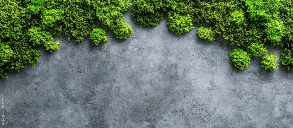 Poster vibrant green moss clusters on textured grey tile background with ample empty space for design or te