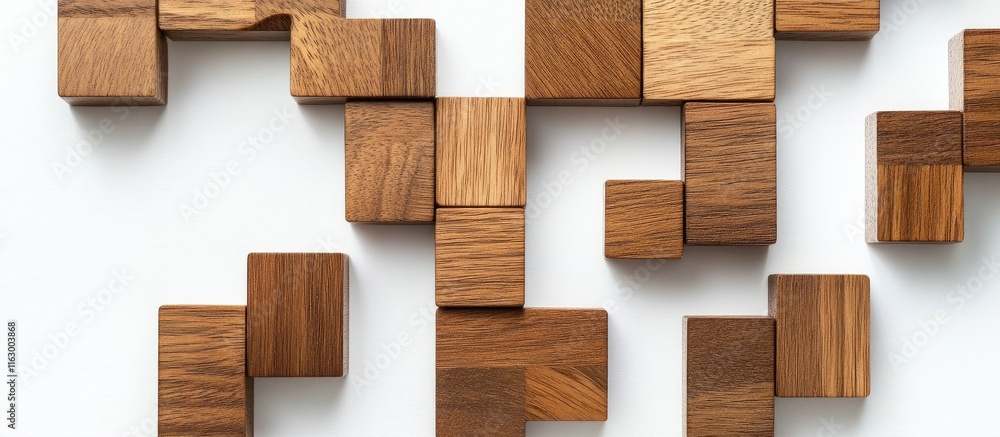 Poster interconnected wooden blocks arranged on a white background with empty space for text and design ele
