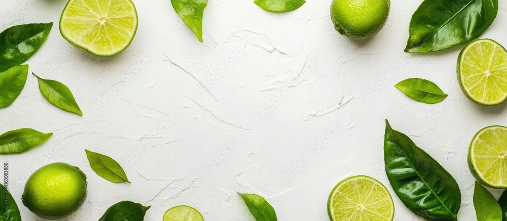 Poster top view of fresh limes and green leaves creating a vibrant border around a blank space for text or 