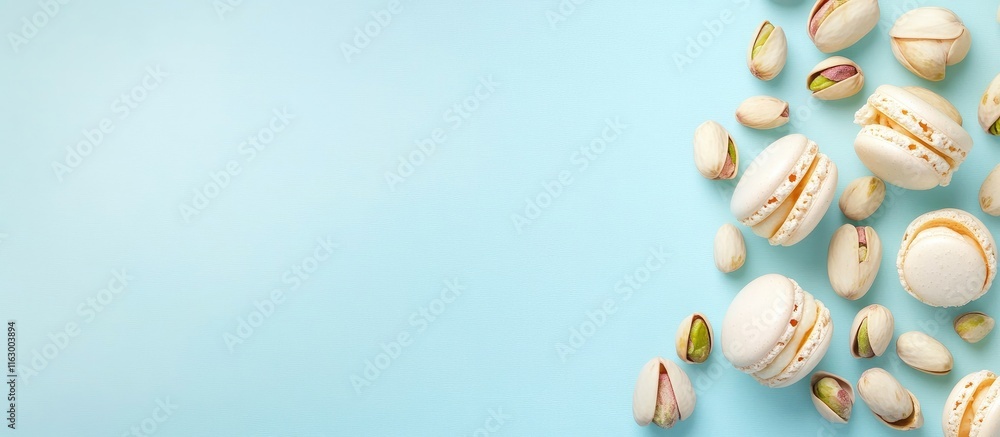 Poster macarons and pistachios arranged on a pastel blue background with ample empty space for text in a fl