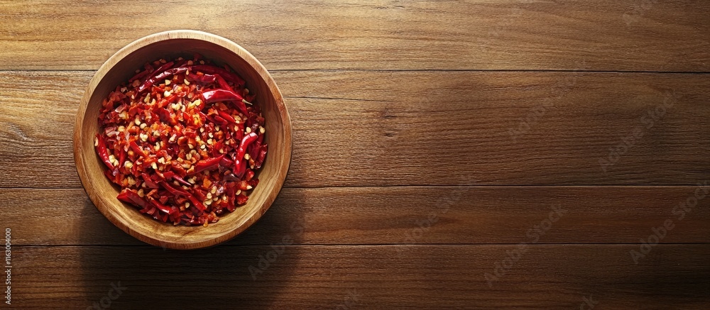 Poster bowl of dried red chili peppers on a wooden table with ample space for text and design elements in a