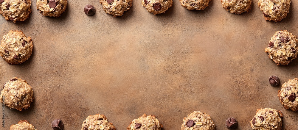 Poster top view of freshly baked chocolate chip oatmeal cookies arranged on a rustic surface with space for