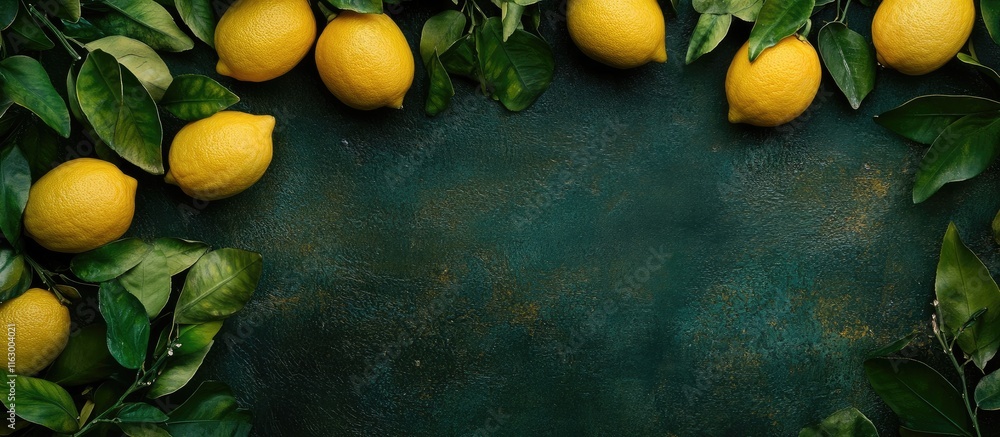 Poster fresh yellow lemons arranged with green leaves on a textured surface creating space for text or desi