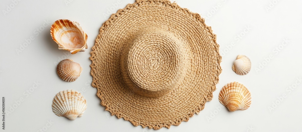 Poster straw hat and seashells arranged on a white background ideal for beach summer themes with space for 