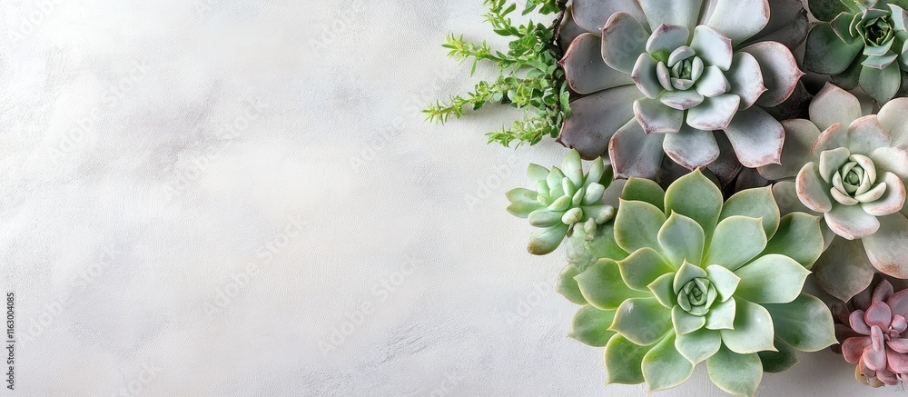 Poster top view of diverse succulent plants arranged on a light table with ample empty space for creative t