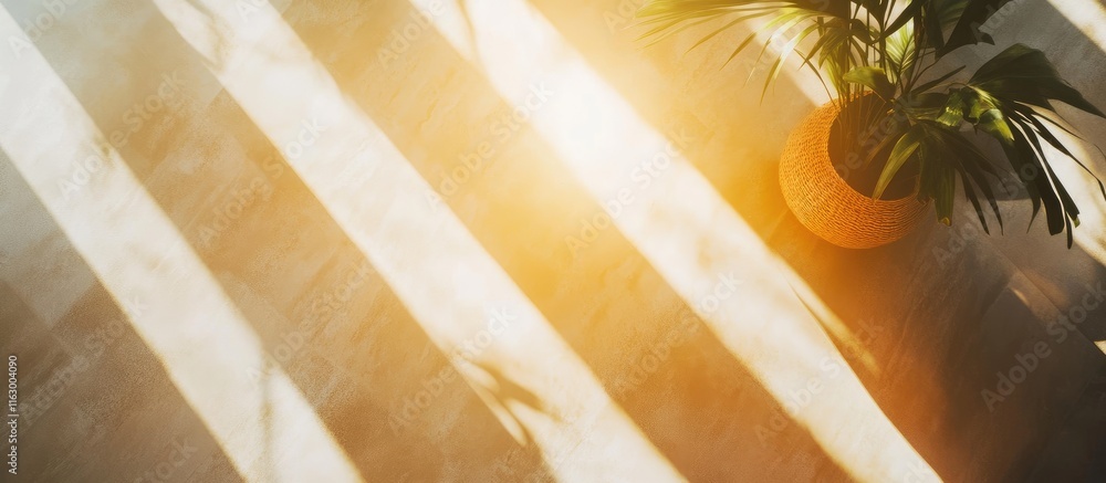 Poster serene sunlight illuminating a wooden floor with a potted plant creating a warm atmosphere and invit