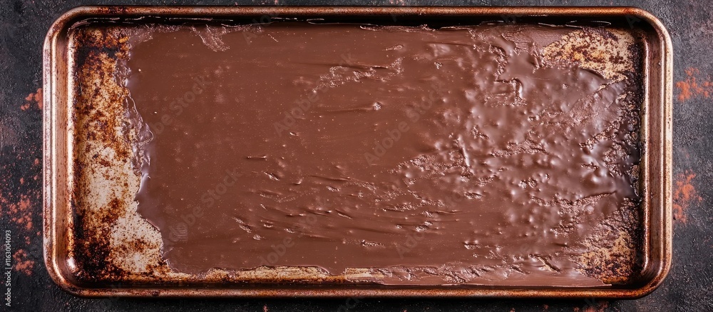 Aufkleber top view of smooth metallic brown dessert chocolate on a baking tray with ample empty space for crea