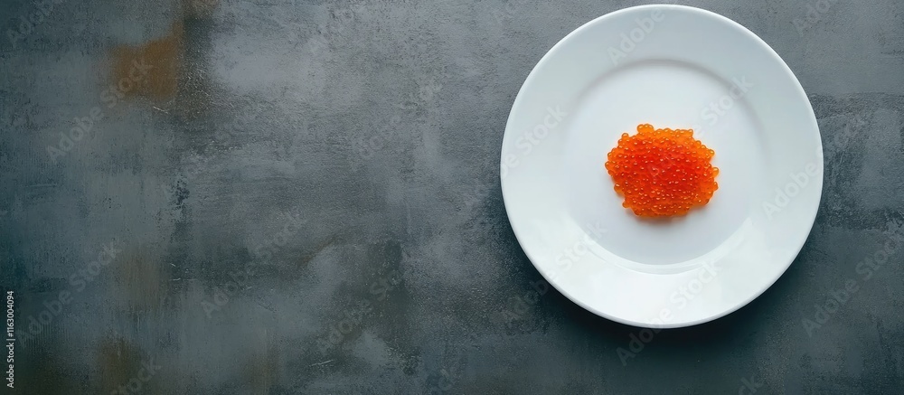 Poster top view of masago roe sushi on a white plate with empty space for text on a gray table in a modern 