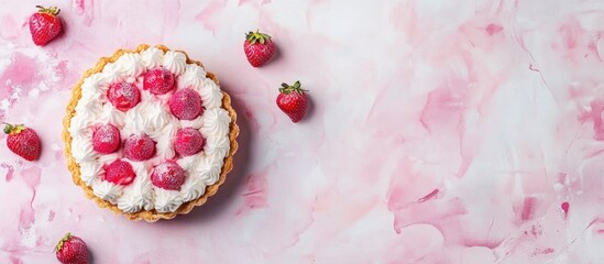 Fototapeta premium Succulent pink strawberry tart topped with whipped cream against a soft pastel background ideal for promotional and culinary uses