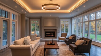 Elegant Living Room with Modern Lighting Design Enhancing Cozy Atmosphere and Scenic Views from Large Windows