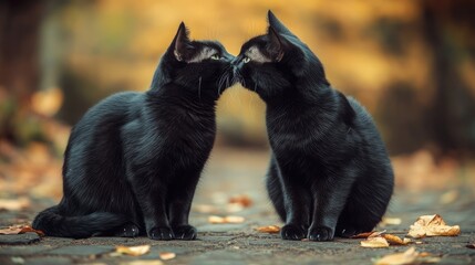 Black Cats Sharing a Moment of Affection in a Serene Autumn Setting