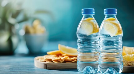 Obraz premium Refreshing Bottled Mineral Water with Lemon Slices and Savory Snacks on a Rustic Wooden Platter