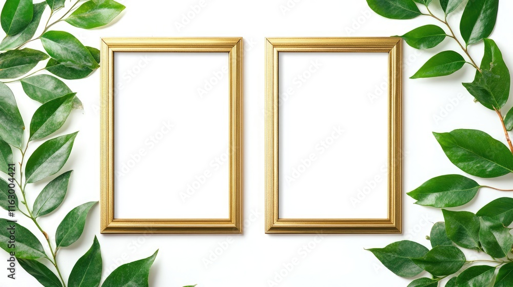 Poster blank golden frames surrounded by greenery on white background for customizable poster mockup displa