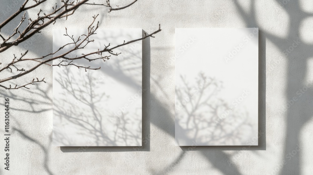 Poster blank poster mockups with soft shadows of summer branches on light grey concrete wall background cre