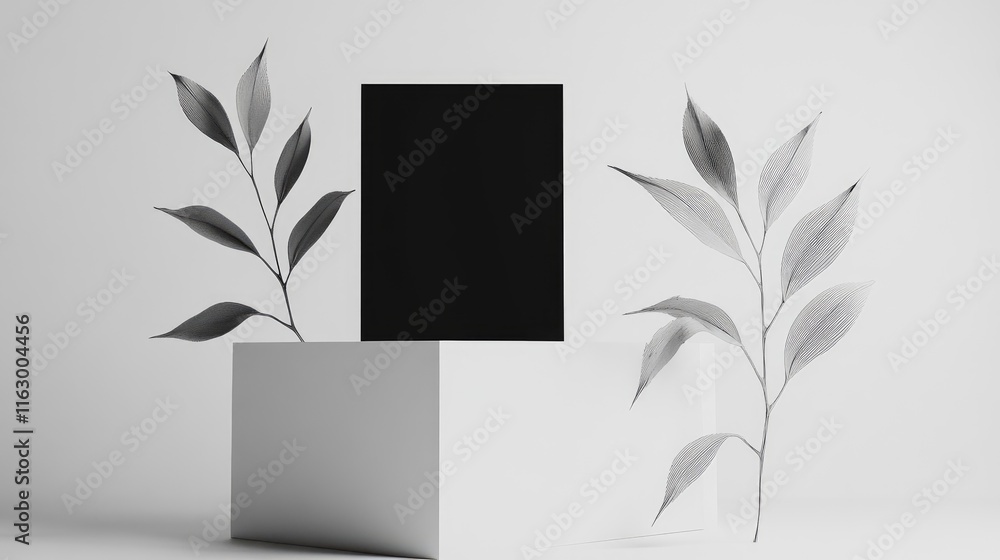 Poster minimalistic 3d composition with leaf branches and a black rectangle on a white cube showcasing stri