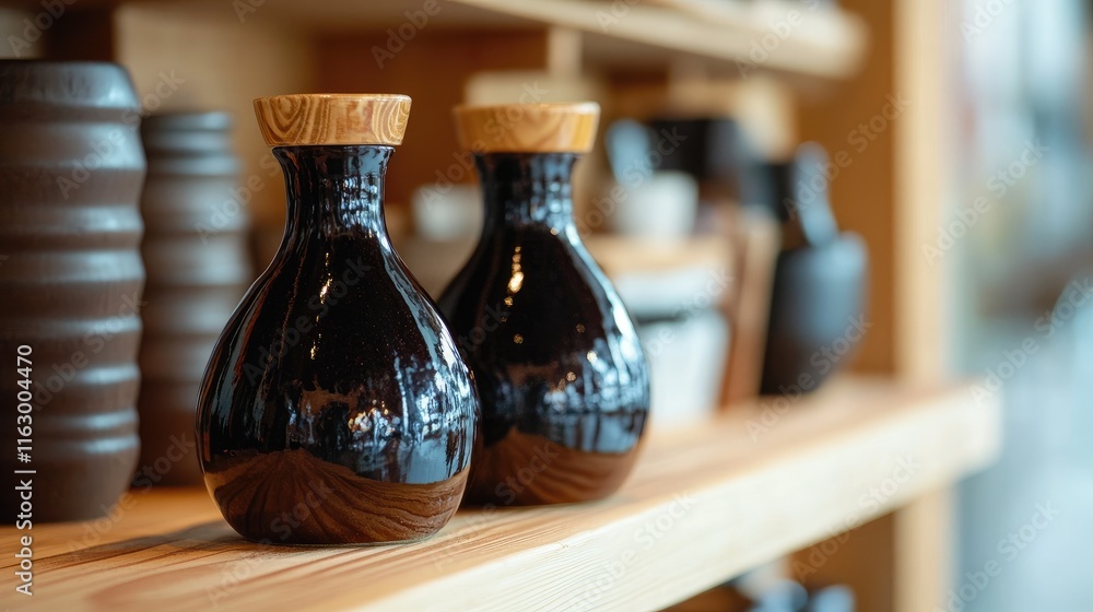 Poster elegant soy sauce bottles with distinctive glaze displayed on a rustic wooden shelf in a cozy kitche