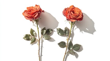 Two vibrant red roses on long stems elegantly displayed with soft shadows on a white background for a romantic or floral theme.