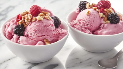 Frozen yogurt bowls with mixed berries and nuts served on a marble countertop with a spoon for a refreshing dessert experience