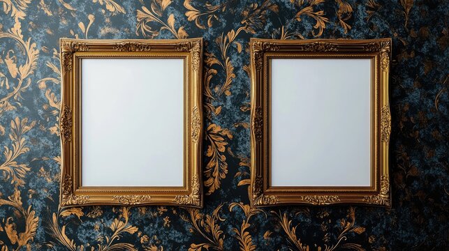 Fototapeta Two elegant golden framed blank canvases displayed against a vintage floral wallpaper background for artistic inspiration and design projects.