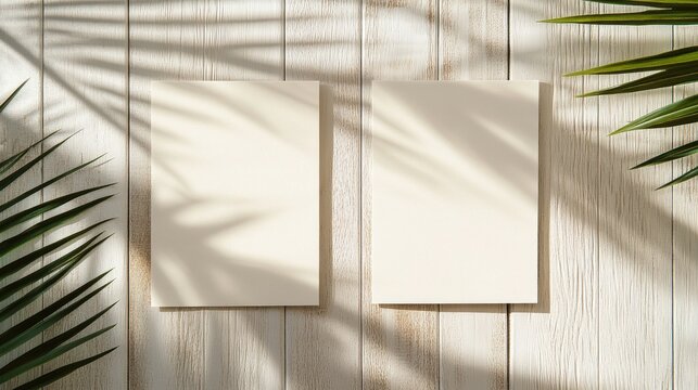 Blank vertical greeting or business cards with palm leaf shadows on a light wooden background perfect for design and branding purposes - Powered by Adobe