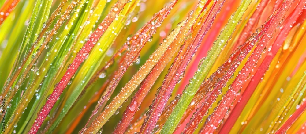 Poster colorful close-up of dew covered grass with blurred background and space for custom text or design e