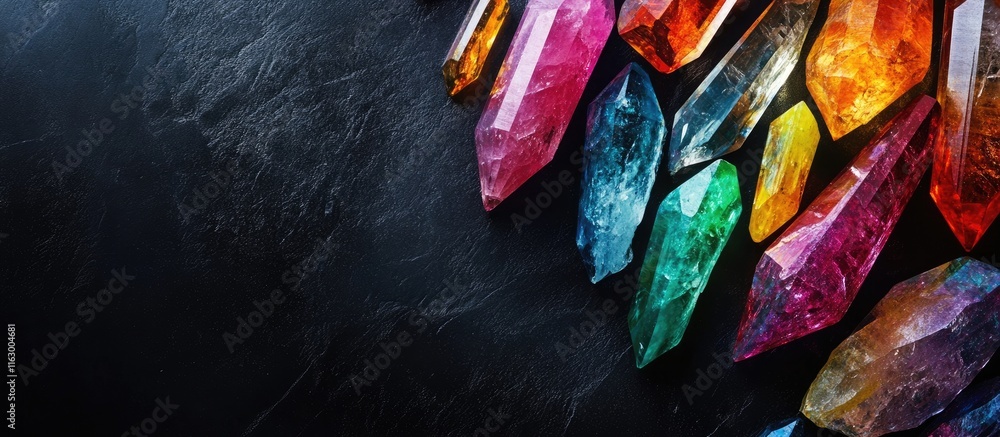 Poster colorful crystals glimmering on black surface with empty space for text design template or creative 