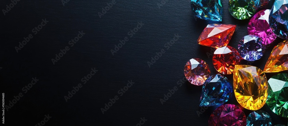 Poster colorful diamonds on black surface close-up with blank space for custom text or branding design
