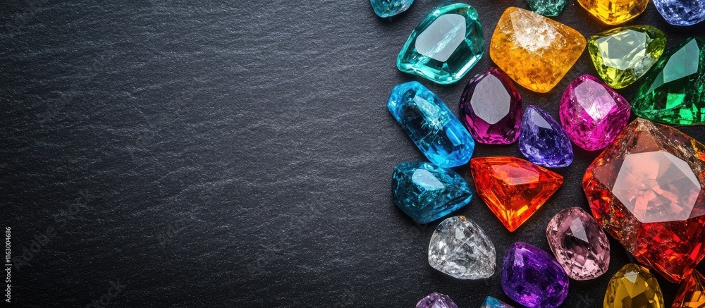 Poster colorful assortment of sparkling gemstones on dark textured background with space for text or design