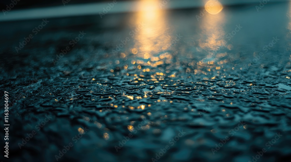 Poster close up of water droplets on dark asphalt surface with blurred reflections highlighting texture and