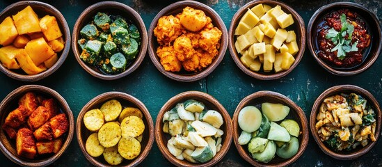 Vibrant Assortment of Cassava and Taro Dishes with Colorful Fillings in Bowls Displaying Culinary Diversity and Text Space