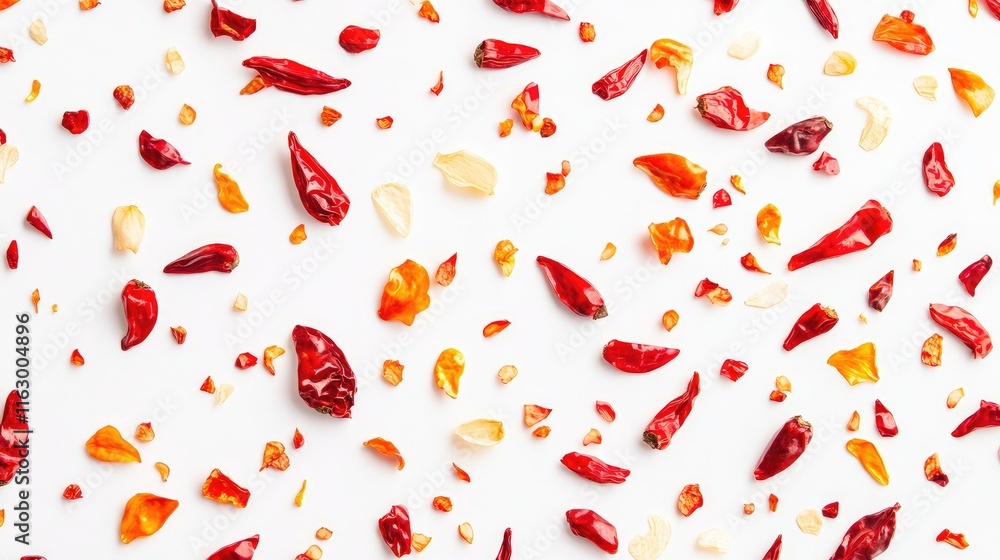 Poster colorful array of dried red chilies scattered on a white background showcasing their texture and vib