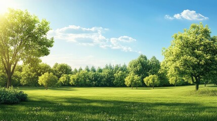 Obraz premium Vibrant orchard landscape with sunlit apple trees and lush green grass under a clear blue sky in a picturesque agricultural setting